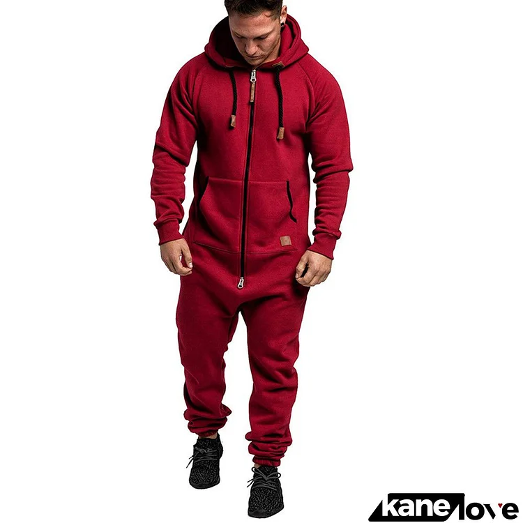 Men Casual Long Sleeve Hat Rope Pocket Design Zipper Fleece-lined Solid Color Hooded Jumpsuits