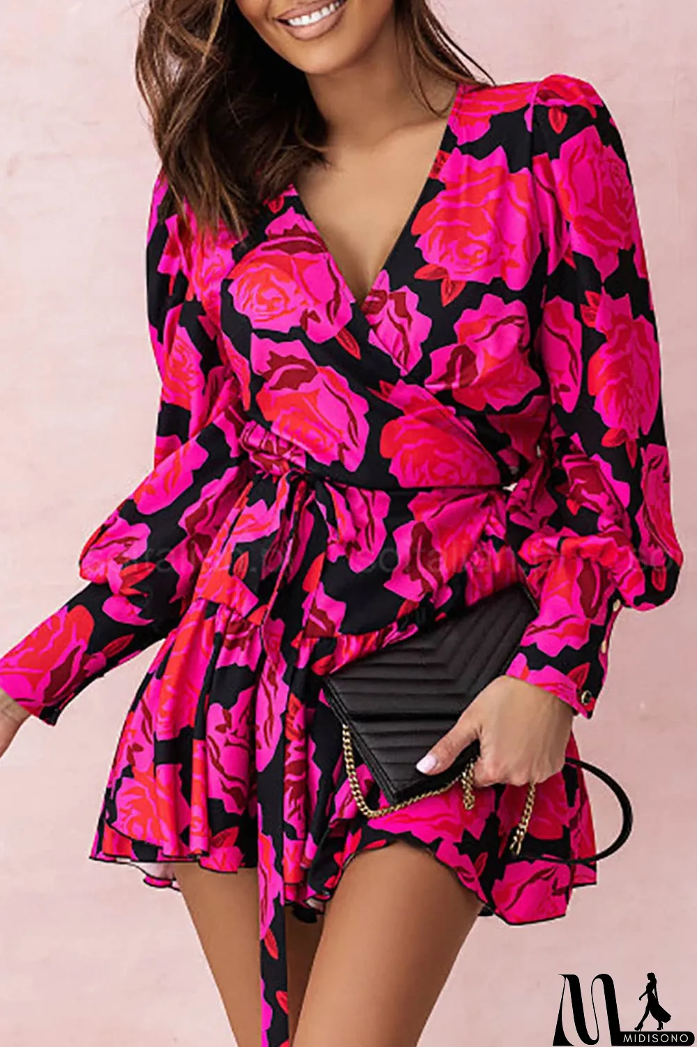 MidiSono - Rose Floral Print V Neck Wrap Bishop Sleeve Ruffle Tiered Mini Dress