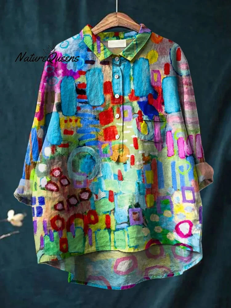 Colorful Abstract Painting Printed Women's Casual Cotton And Linen Shirt