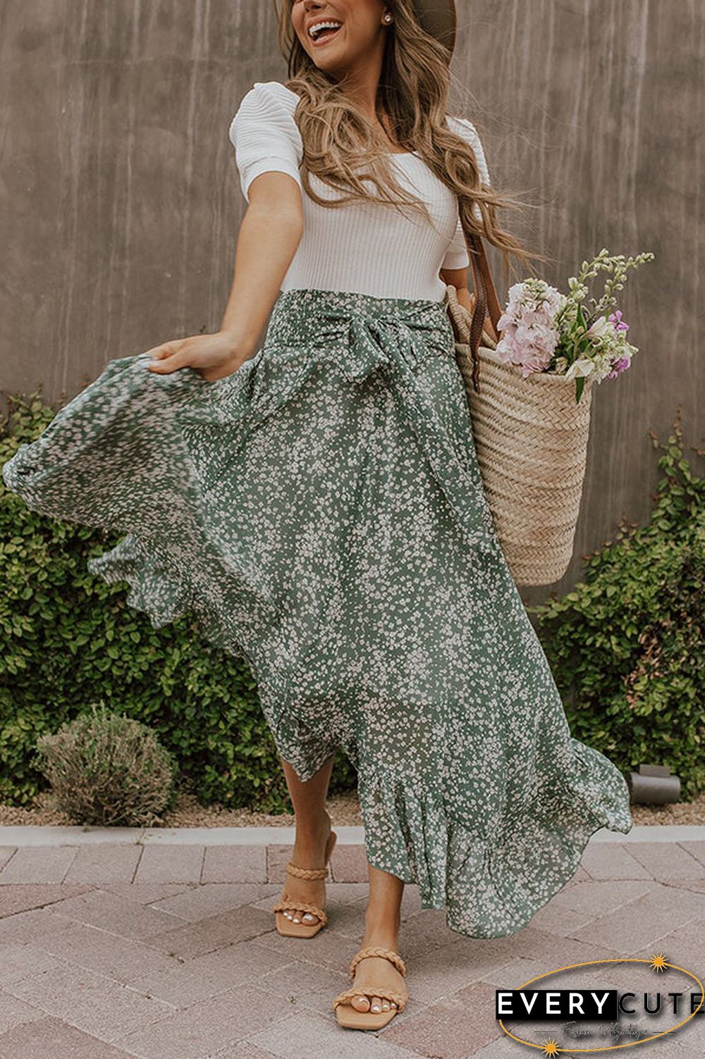 Floral Asymmetric Flounce Belted Maxi Skirt