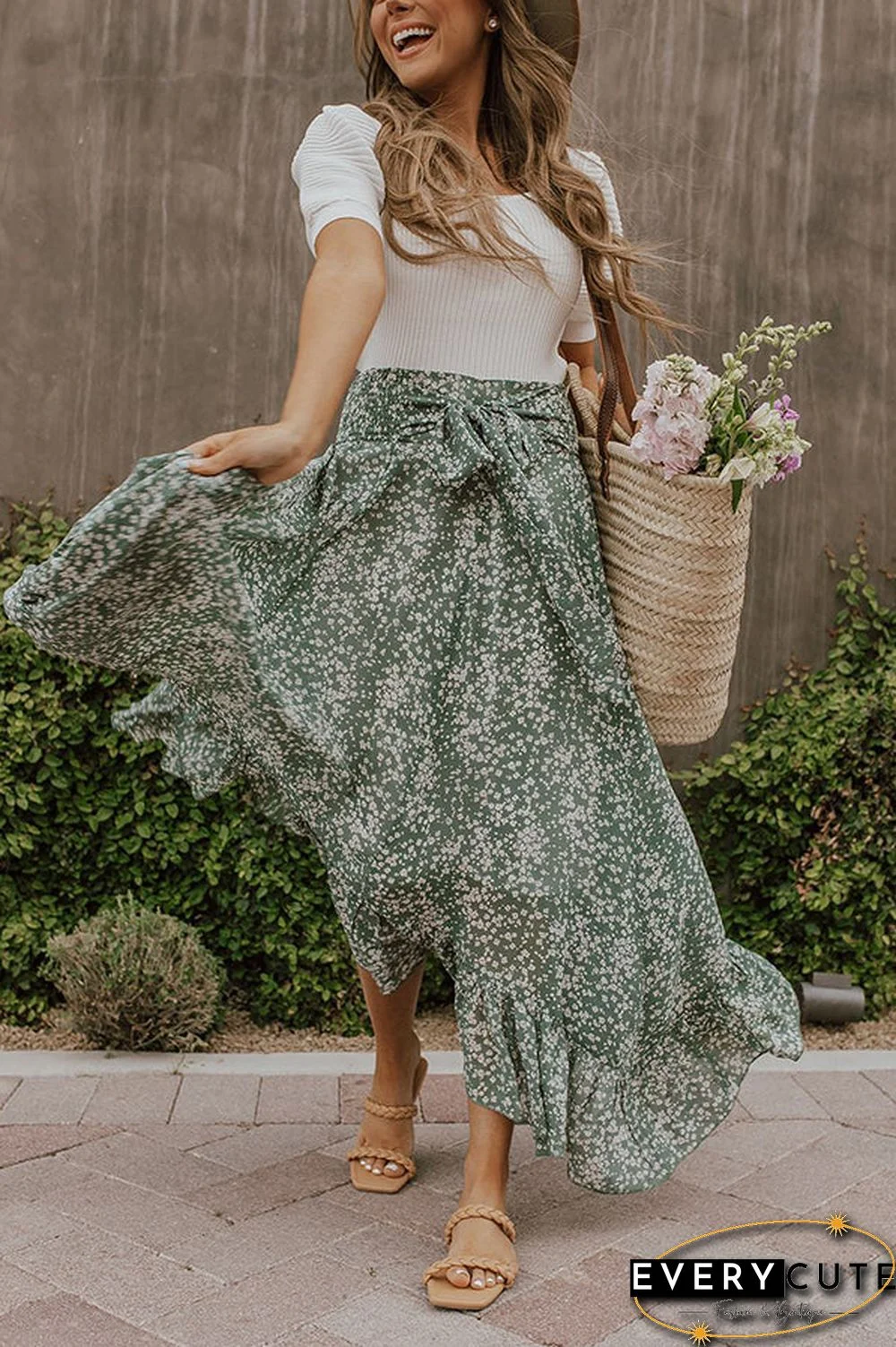 Floral Asymmetric Flounce Belted Maxi Skirt