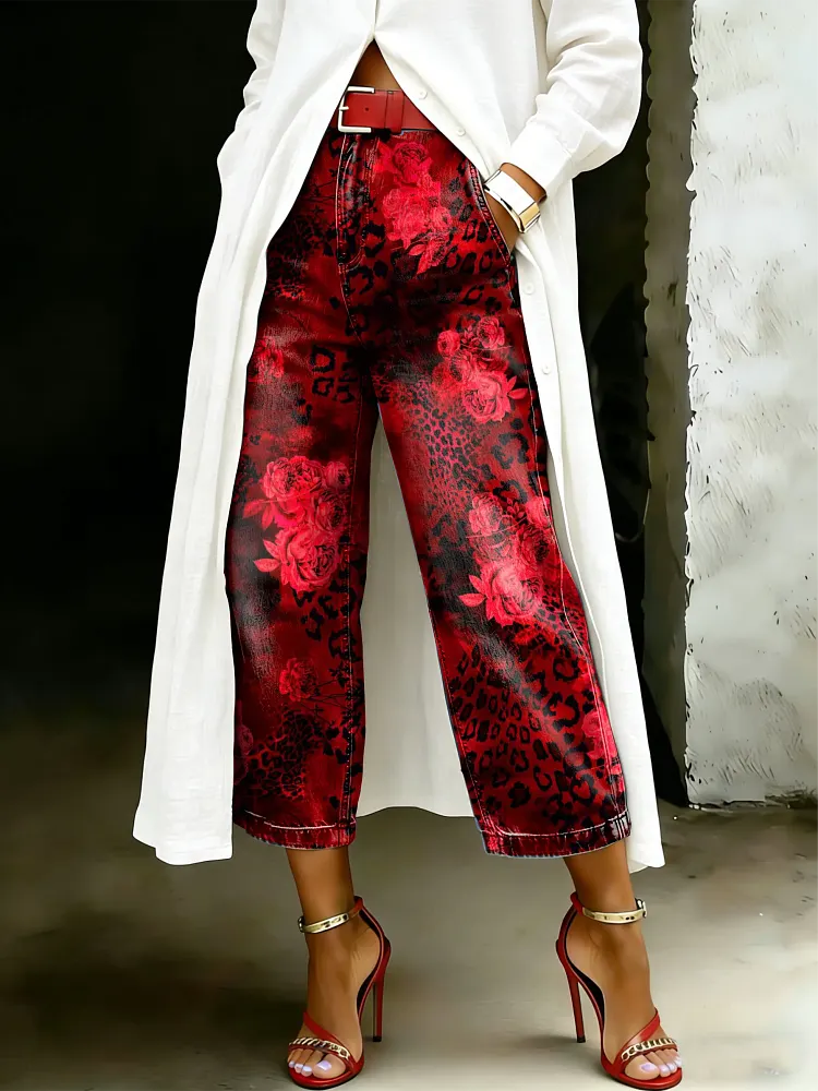 Women's Vintage Leopard Floral Art Casual Wide Denim Pants