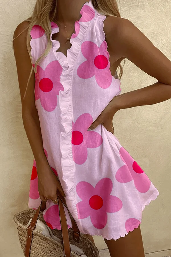 Lovely Pink Flower Print Petite Ruffle Sundress