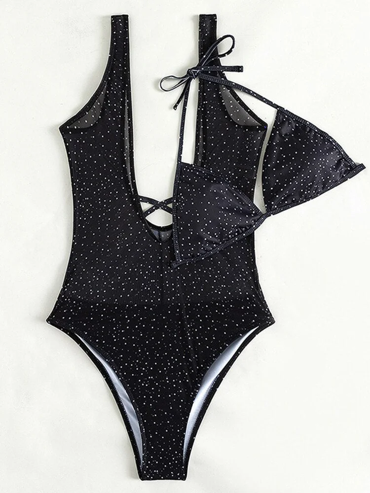 INGAGA Sexy Plunging One Piece Swimsuit With Bikini Top Dot Swimwear Women 2022 New Backless Monokini Halter Bathing Suits Black