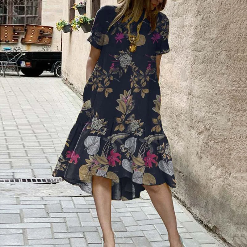 ZANZEA Retro Floral Print Robe Female Short Sleeves Midi Dress Casual Cotton Loose Dresses Womens Fashion Summer Ruffle Vestidos