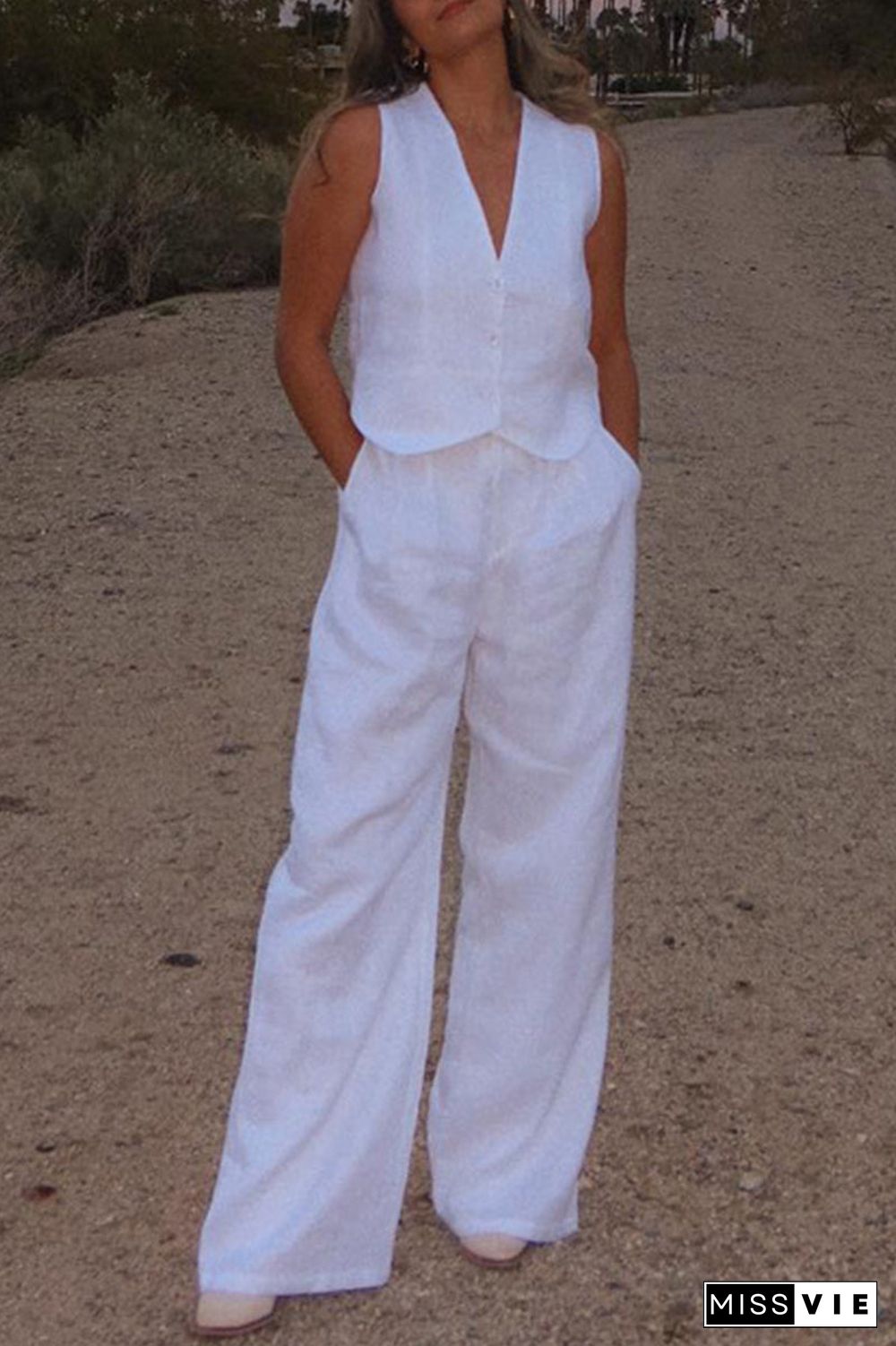 Casual Simplicity Solid Buckle V Neck Sleeveless Two Pieces