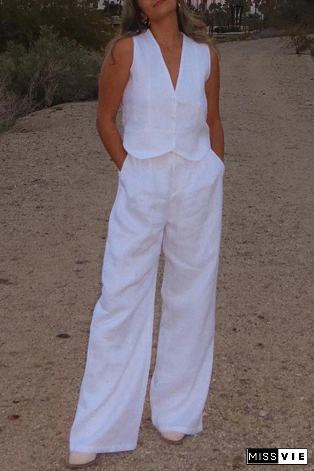 Casual Simplicity Solid Buckle V Neck Sleeveless Two Pieces