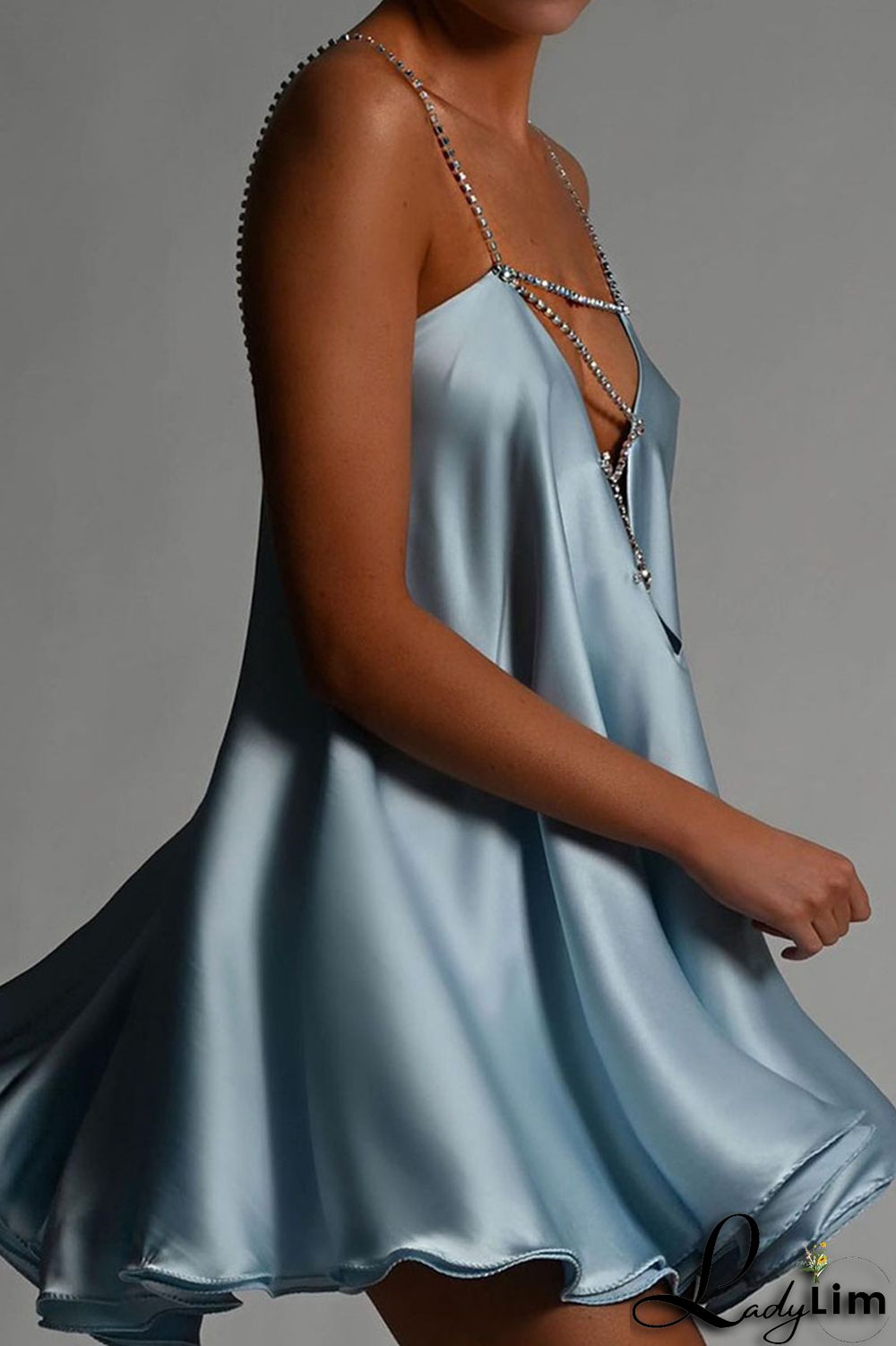 Light Blue Sexy Solid Patchwork Chains Asymmetrical Spaghetti Strap A Line Dresses