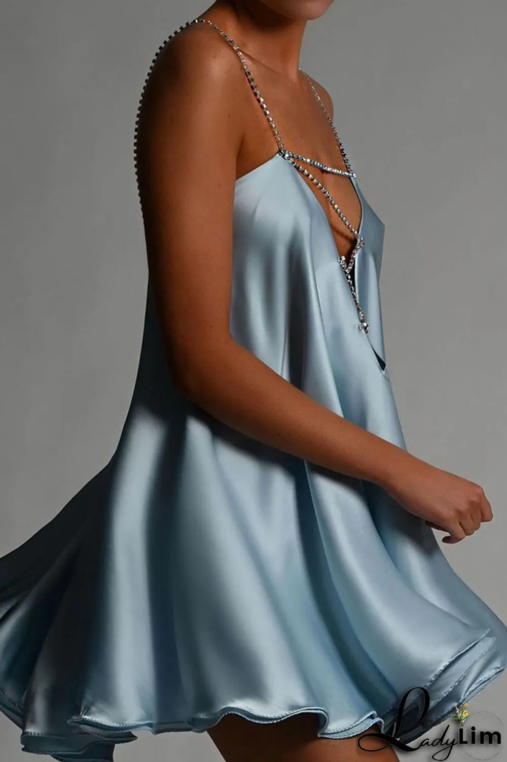 Light Blue Sexy Solid Patchwork Chains Asymmetrical Spaghetti Strap A Line Dresses