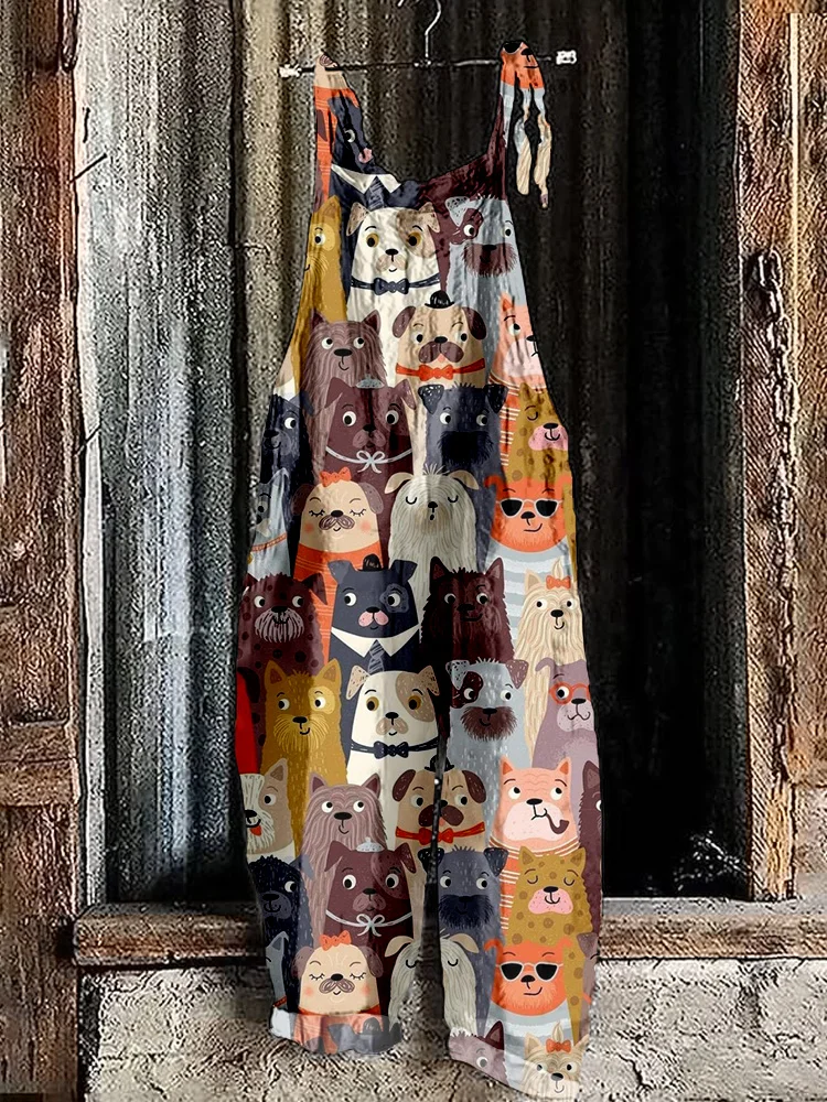 Crowded Cute Dogs Pattern Linen Blend Jumpsuit