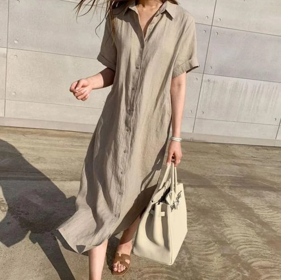 Short Sleeve Button up Casual Solid Shirt Dress Maxi Dress