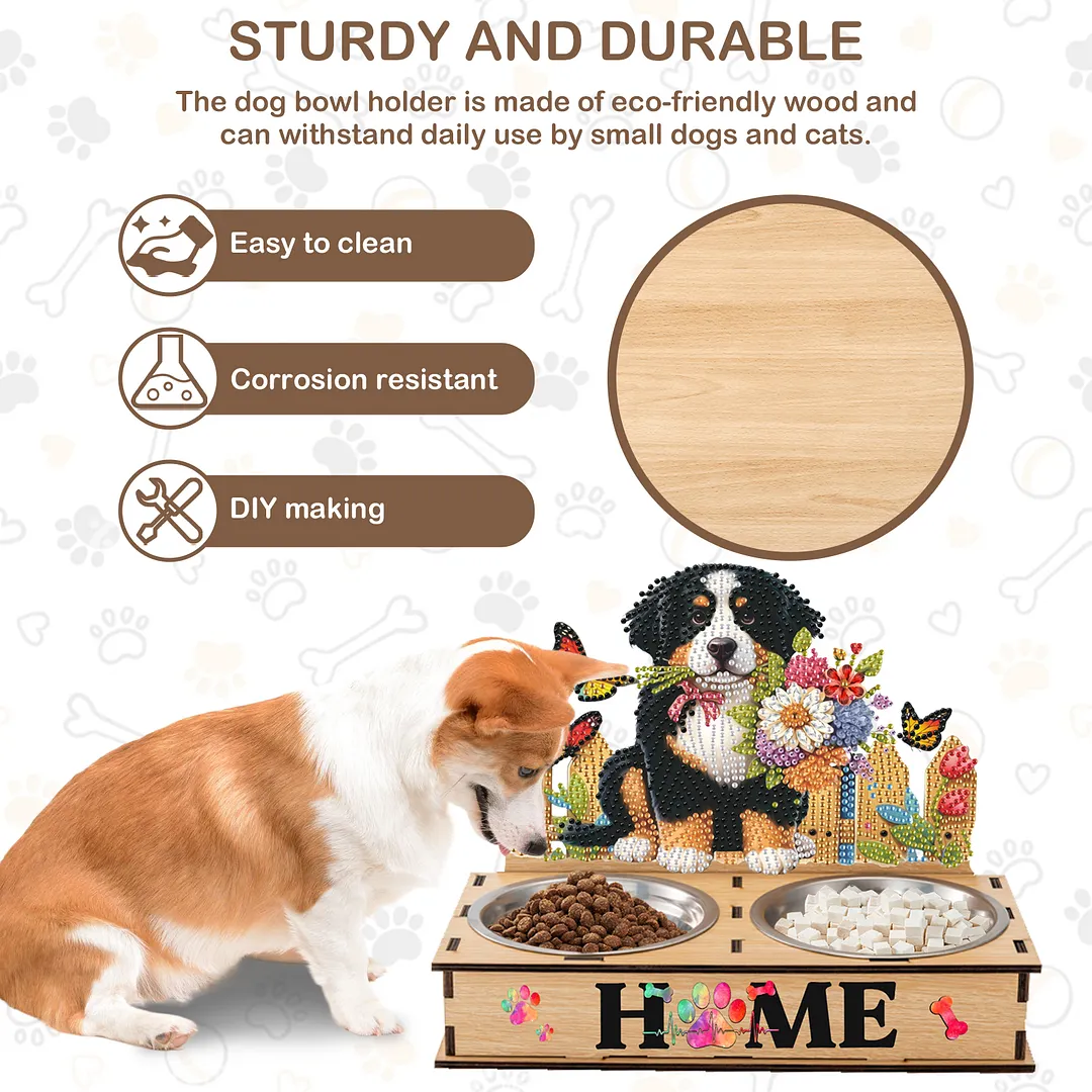 Diamond Painting Food Bowl with Wood Stand Diamond Art Dog Bowl for Small Dogs