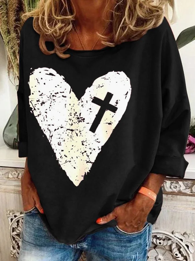 Women'S  Heart & Cross Print Sweatshirt