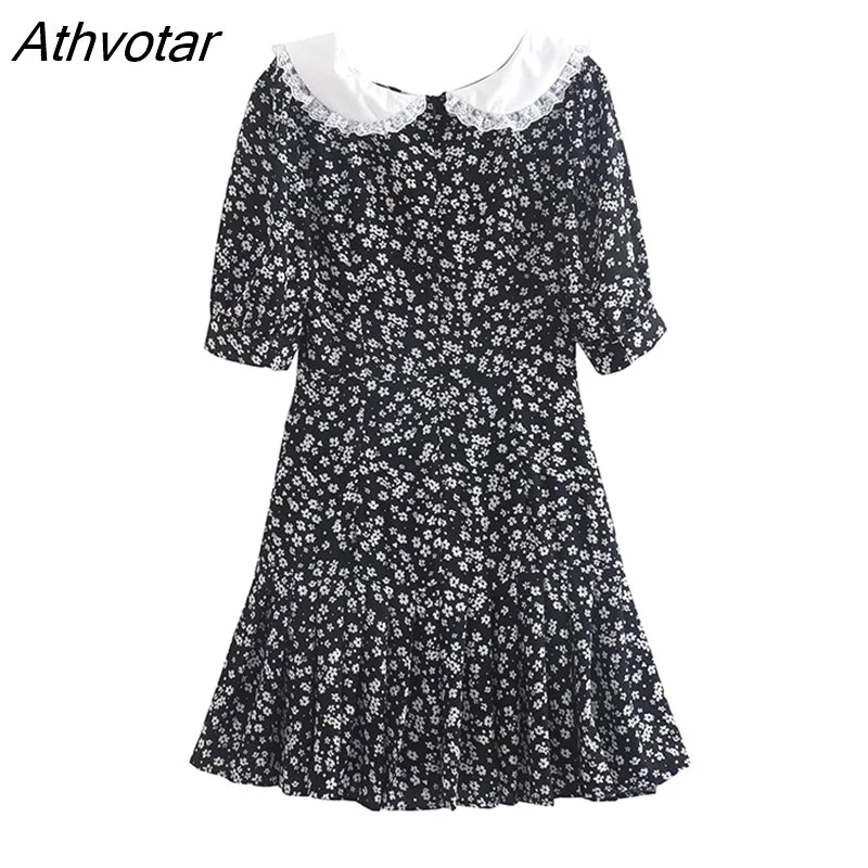 Athvotar Summer 2023 Women Lace Patchwork Peter Pan Collar Floral Print Dress Puff Sleeve Ladies Vintage Dress Chiffon Short Robe