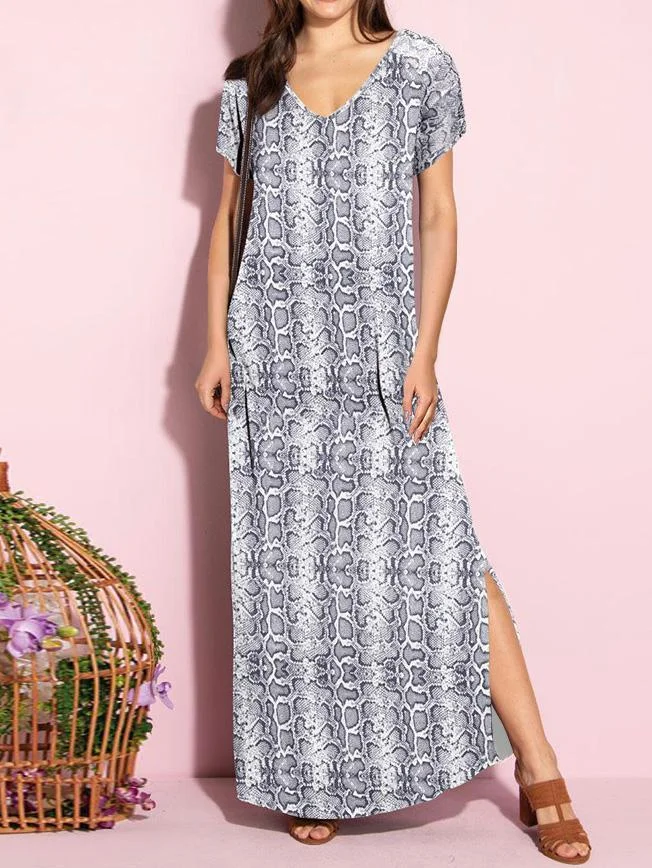 Women's Printed V-neck Short Sleeve Maxi Dress