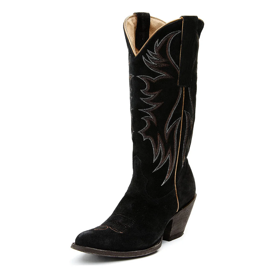 Black Pointed Toe Chunky Heel Wide Calf Cowgirl Boots with Embroidery