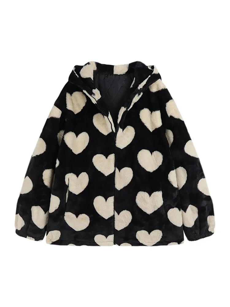 Winter Jacket Heart Printed Loose Harajuku Plush Coat Women 2021 New Fashion Faux Fur Coat Long Sleeve Lambswool Chaquetas Mujer