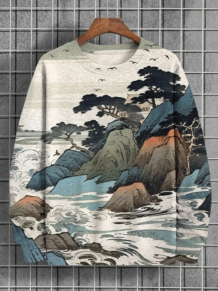 Men's Japanese Landscape Art Landscape Print Casual Sweatshirt