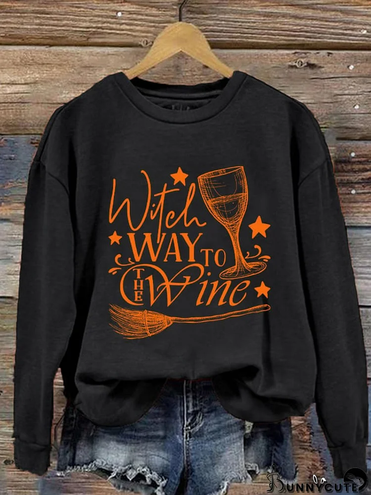 Women's Halloween Witch Way To The Wine Print Sweatshirt