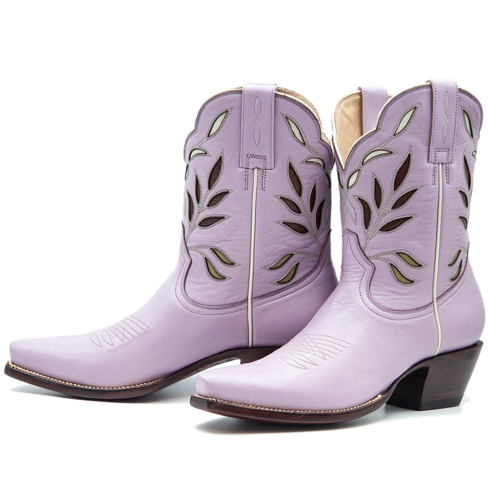 Lavender Flower Inlay Snip Toe Chunky Heel Mid-Calf Cowgirl Boots Nicepairs