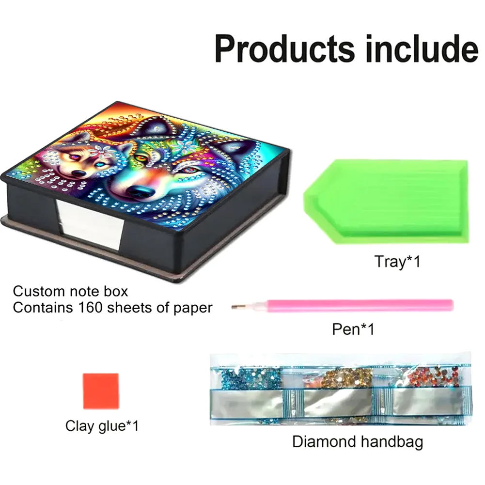 PU 5D Diamond Painting Kit Note Box DIY Diamond Art Notepad Box (Wolf)