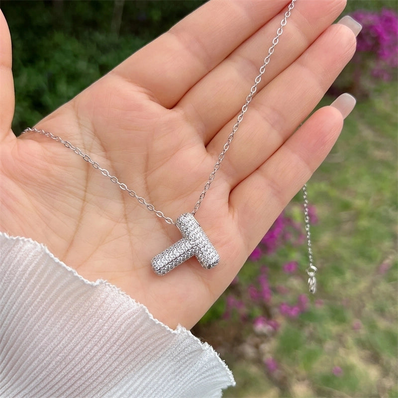 Copper 18K Gold Plated Hip-Hop Minimalist Classic Style Polishing Inlay Letter Zircon Pendant Necklace