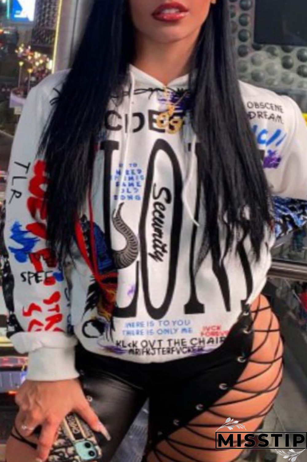 Plus Size White Casual Print Graffiti Basic Hooded Collar Tops