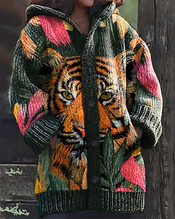 Vintage Jungle Tiger Print Hooded Cardigan