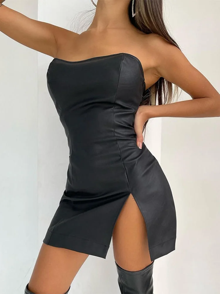 JacuqeLine Summer 2022 Sexy Club Strapless Bodycon Dress Women Mini PU Leather 90s Street Fashion Y2K Party Dresses Backless