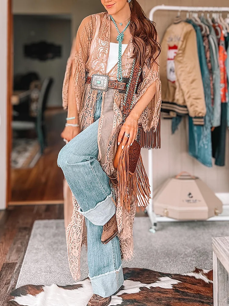 3/4 Sleeve Printed Thin Lace Cardigan