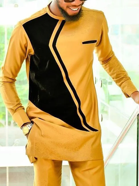 Men's casual yellow and black printed long-sleeve tops