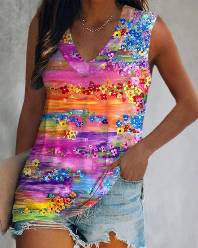 V Neck Tank Multicolor Print T-Shirt