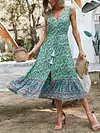 V-Neck Sleeveless Floral Print Split-Front Loose Midi Dress