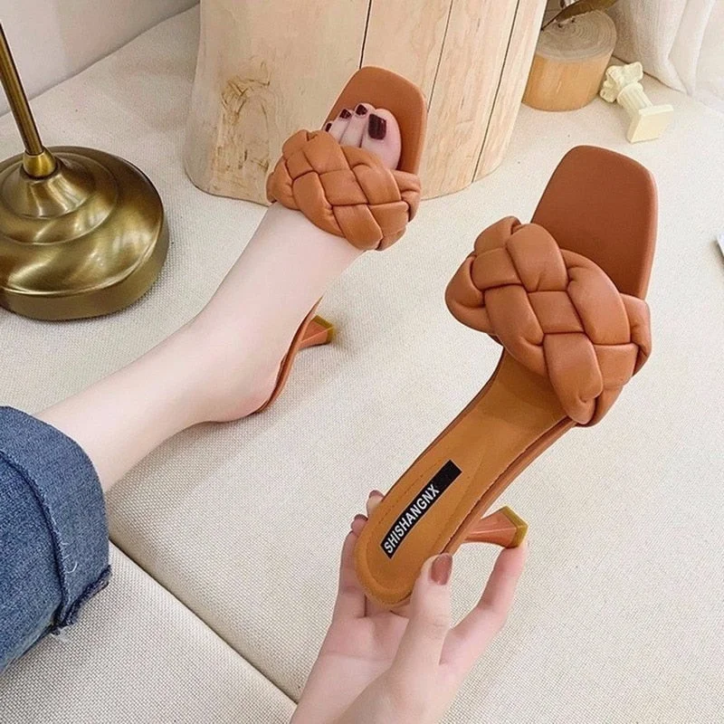 2021 Women Sandals Women Summer High Heel Slides Weave Open Toe Flat Casual Slippers Leisure Sandals Female Beach Sandals