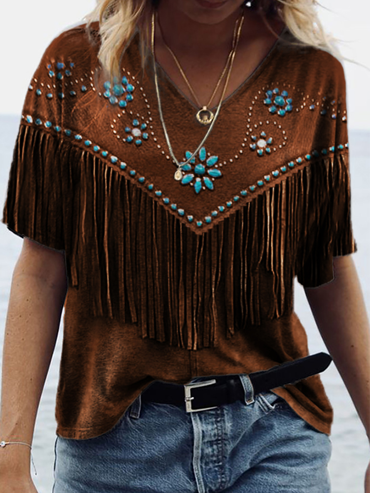 Western Turquoise Flowers Tassels V Neck T Shirt wearshes
