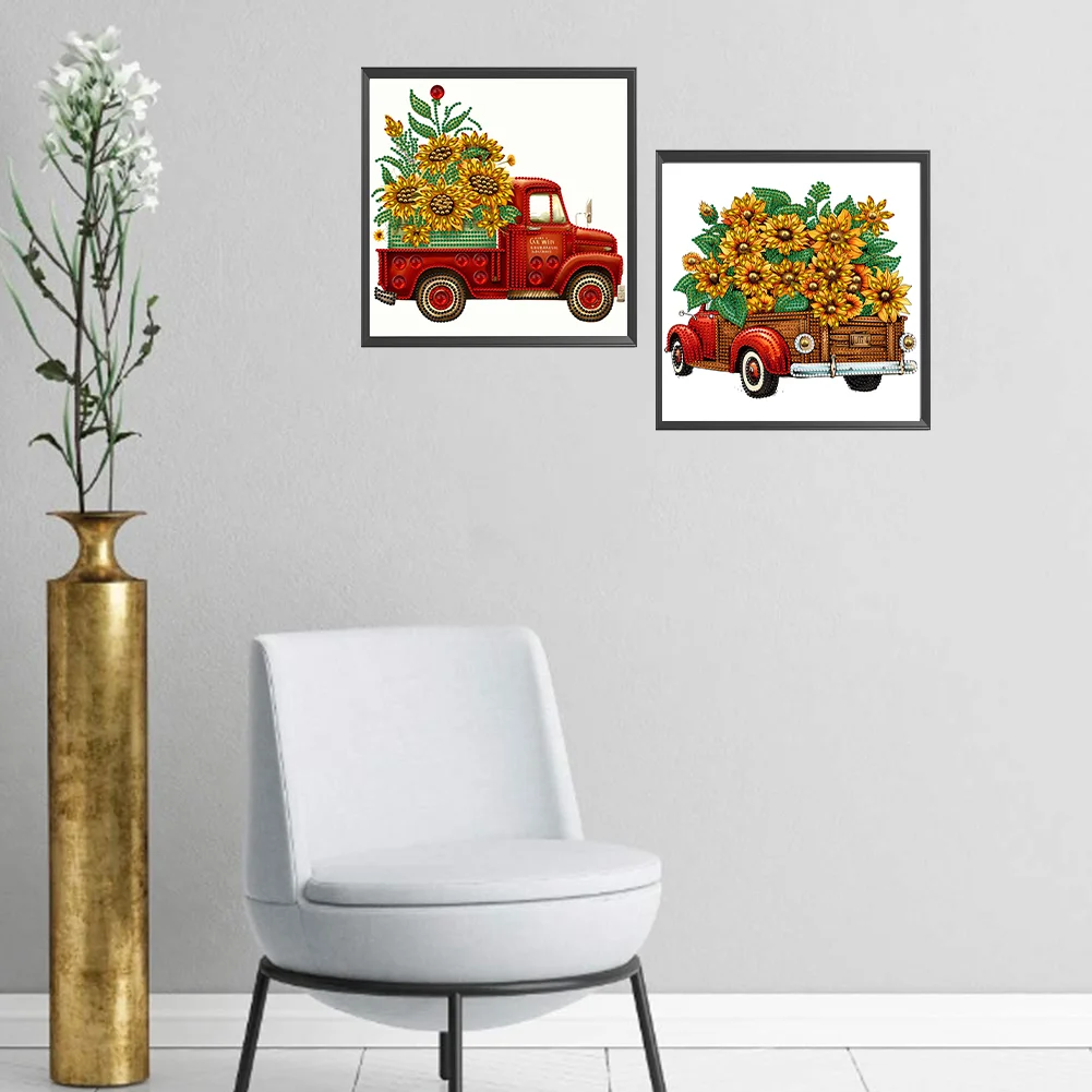 2pcs Special Shape Diamond Painting 30*30cm - Summer Sunflower Classic Car