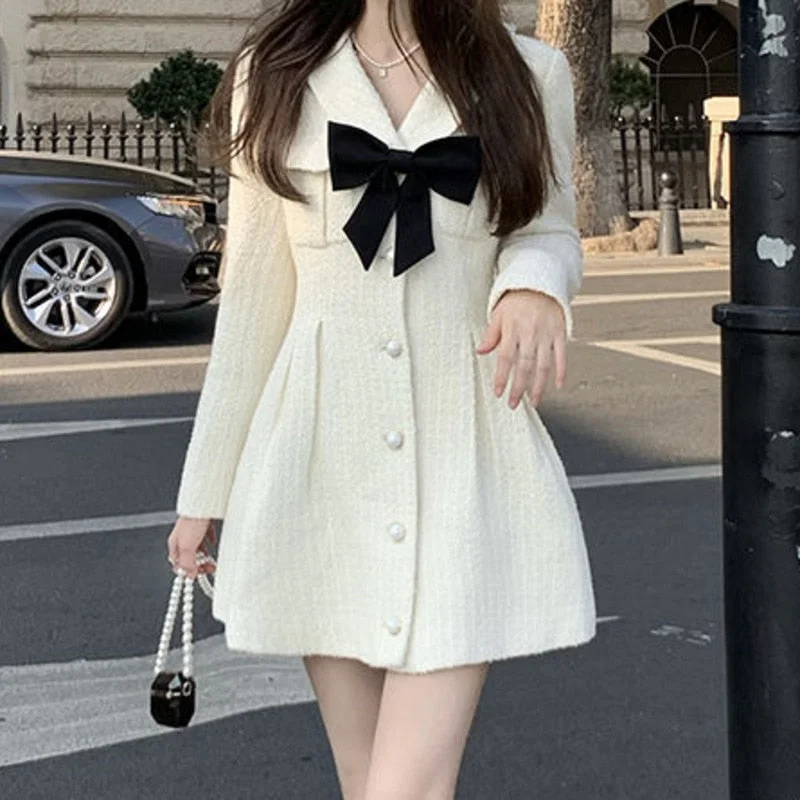 High Quality Small Fragrance Tweed Mini Dress Women Long Sleeve Bow Slim Party Dress Autumn Winter Korean Sweet Robes Vestidos