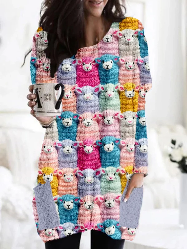VChics Cute Farm Pastel Sheep Embroidery Art Cozy Knit Tunic