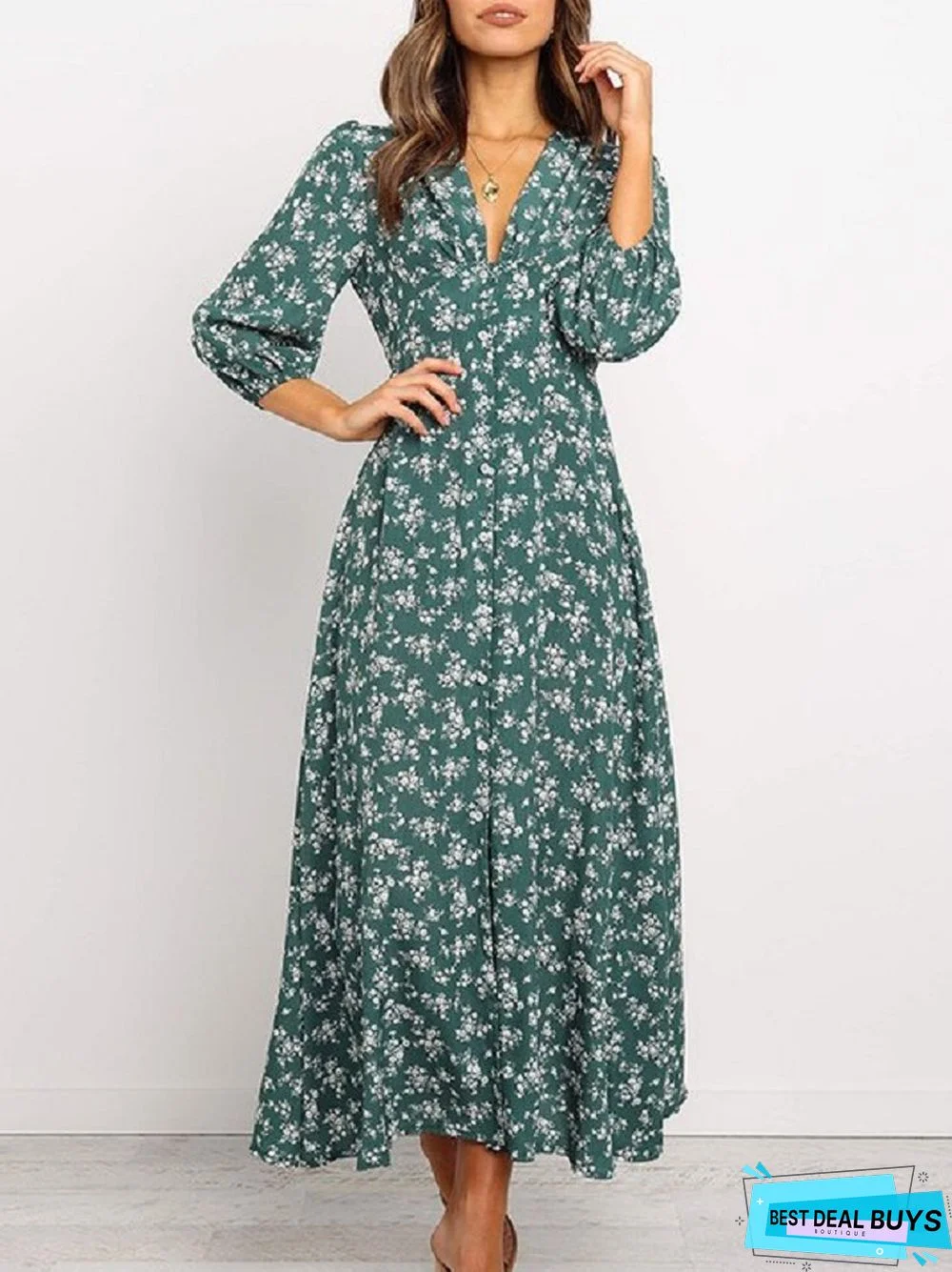 Vintage Floral Lantern Button High Waist Dress