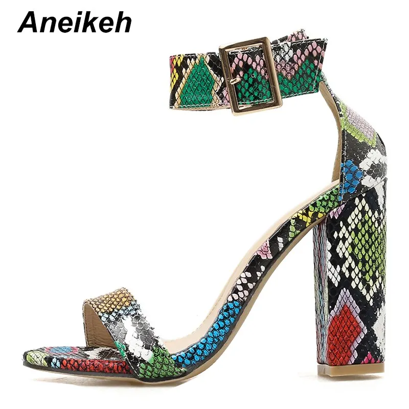 Aneikeh 2021 Leopard Print Women Sandals High Heels Summer Ankle Strap Square Heel Fashion Sandals Pumps Dropshipping Size 35-40