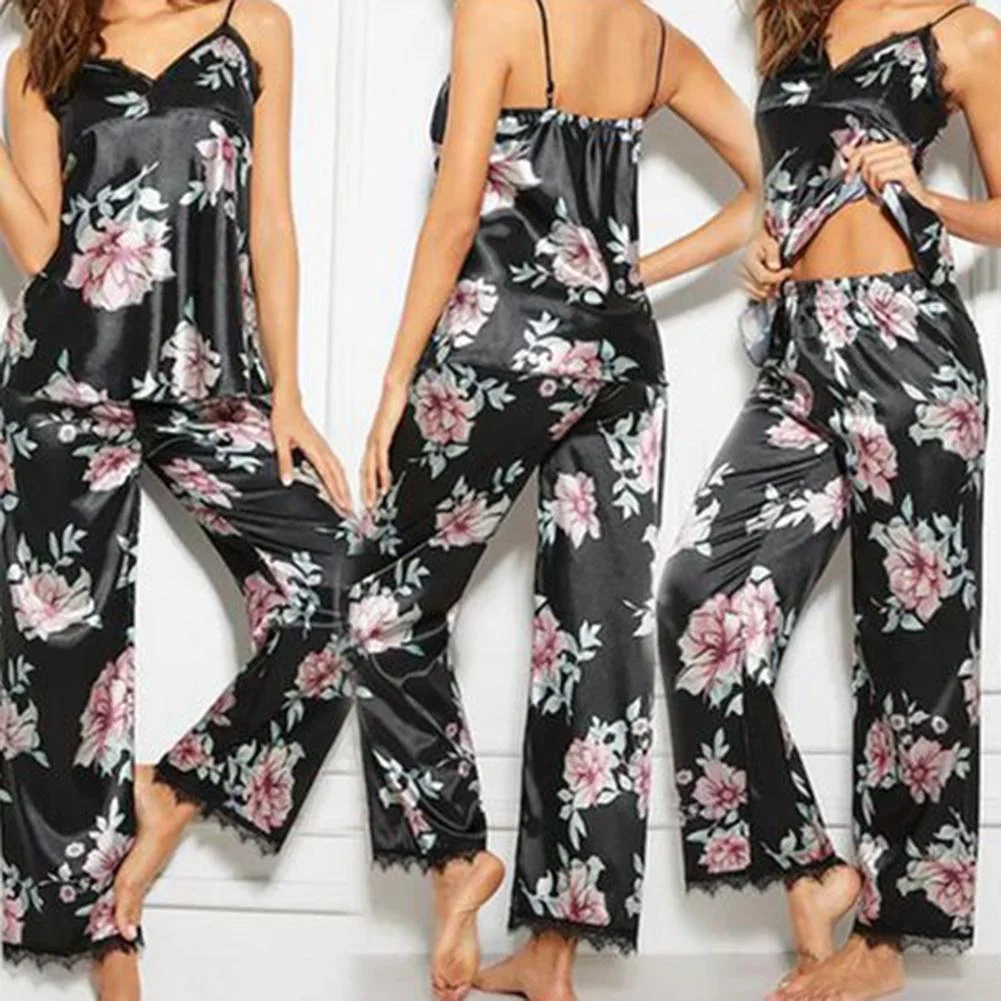 UForever21 Back To School 2Pcs Summer  Pajama Sets Women Floral Print V-Neck Lace Vest Long Pants  Sleepwear Women Night Gowns Women Pajama Sets