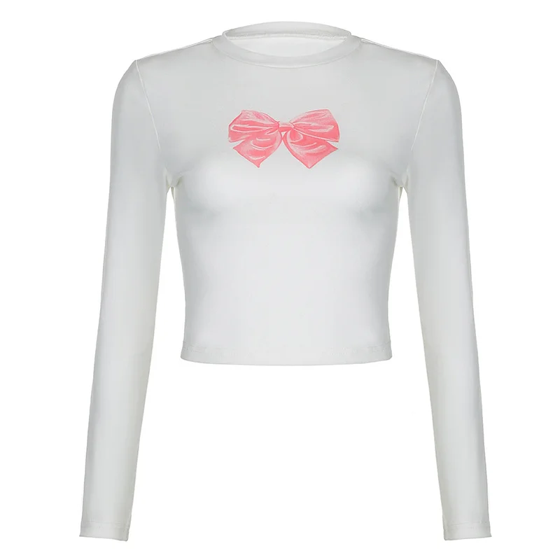 Ueong Girls Bow Tie Printed Round Collar Long-Sleeved T-Shirt 2023 Autumn Simple Short Knitted Shirt Girl
