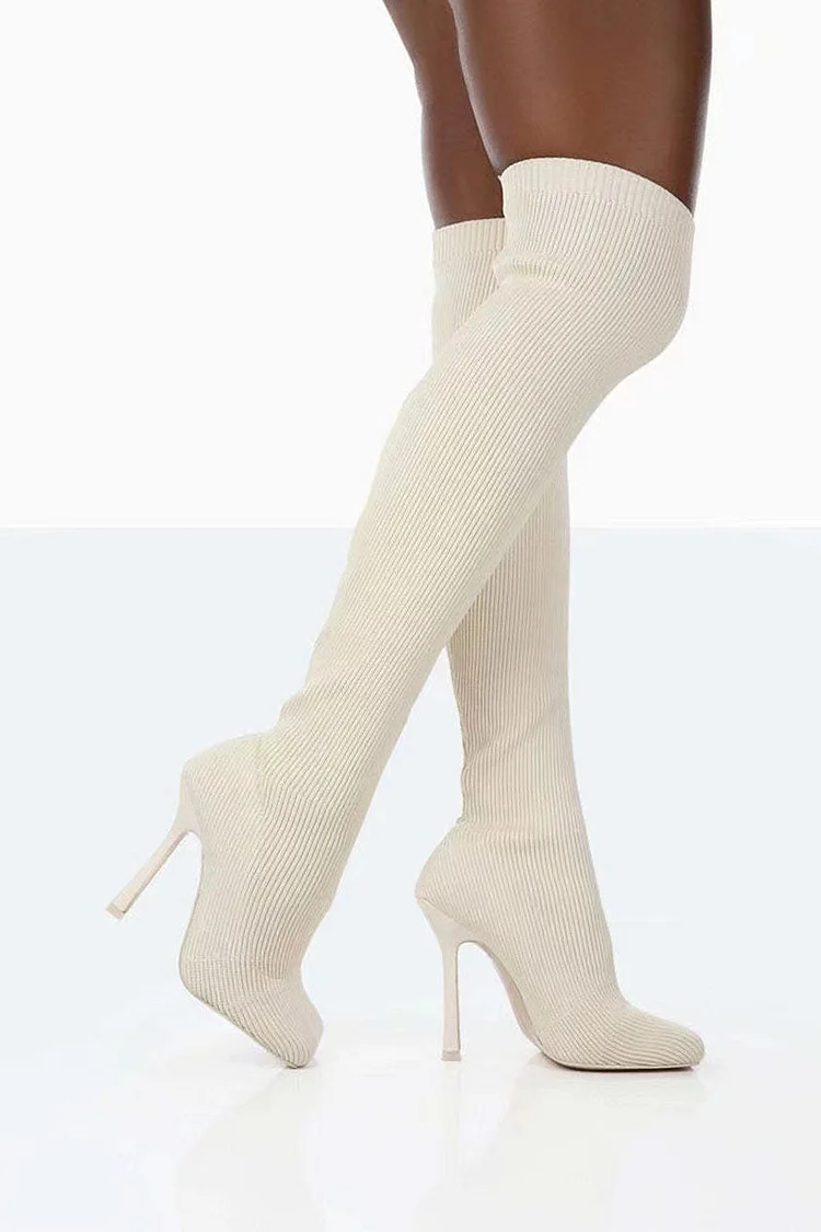 Knit Square Toe Stiletto Stretchy Over The Knee Boots