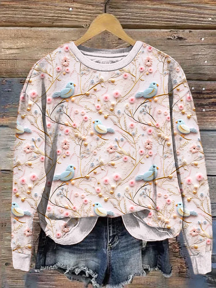 Birds & Flowers Embroidery Art Cozy Sweatshirt