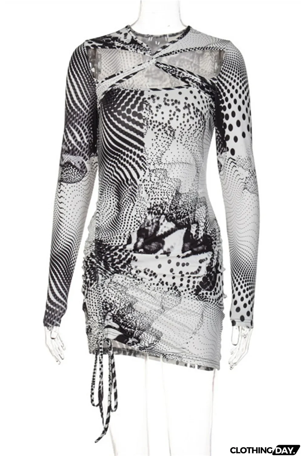 Black Fashion Sexy Print Hollowed Out O Neck Long Sleeve Dresses