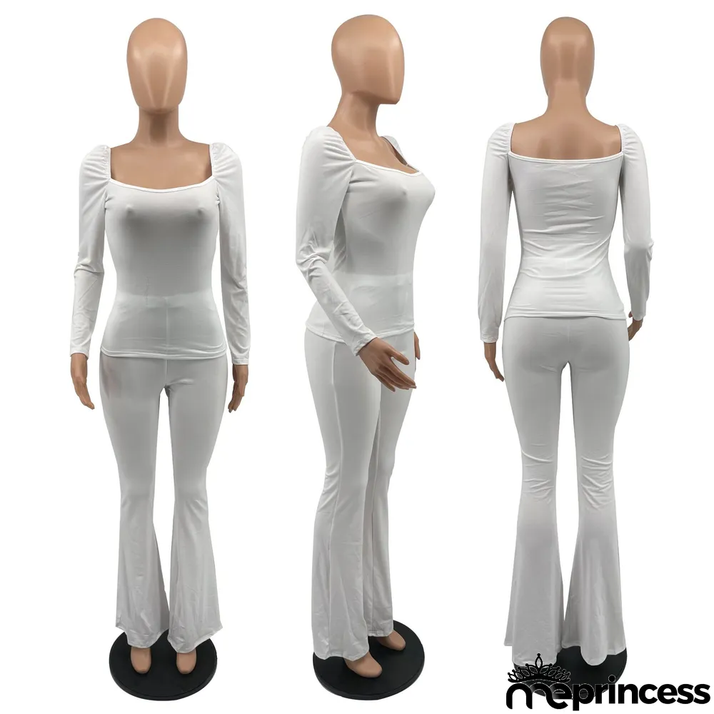 Solid Long Sleeve Two Piece Pants Sets