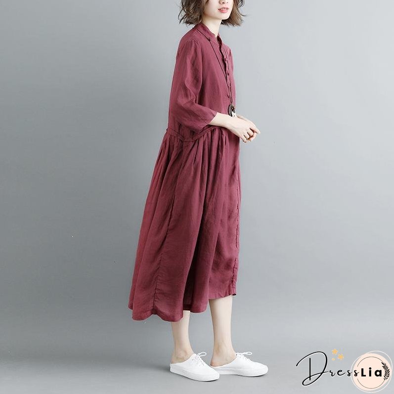 Summer Short Sleeve Buttons Pockets Purple Pleated Retro Dress