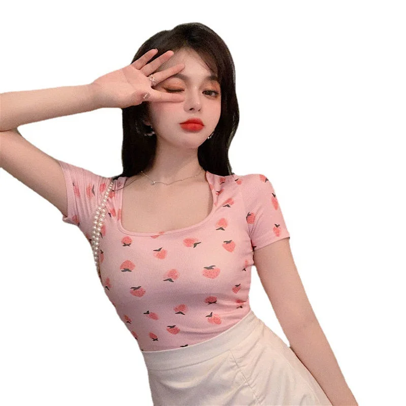 Uveng Uveng Cool Hot Girl Sexy Square Collar Short T-Shirt Female Summer Versatile Slim Slim Bottom Top Female Student Tide