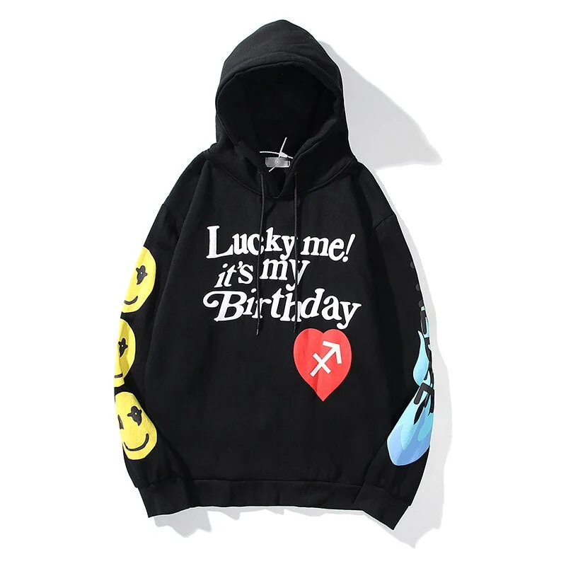 Kanye West Smiley Lucky Me Foam Letter Flame Hoodies Men and Women Stranger Things Oversize Loose Sweatshirt Hooded Casual Hoody