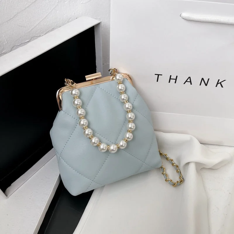 էѧӧܧ Metal frame package Design Pearl PU Leather Bag Crossbody 2021 Summer Luxury Brand Chain Shoulder Handbags Purses